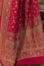 Joban Fashion Hot Pink Crepe Chiffon Banarasi Pure Handloom Banarasi Silk Saree | Grocsy