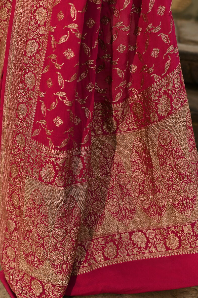 Joban Fashion Hot Pink Crepe Chiffon Banarasi Pure Handloom Banarasi Silk Saree | Grocsy