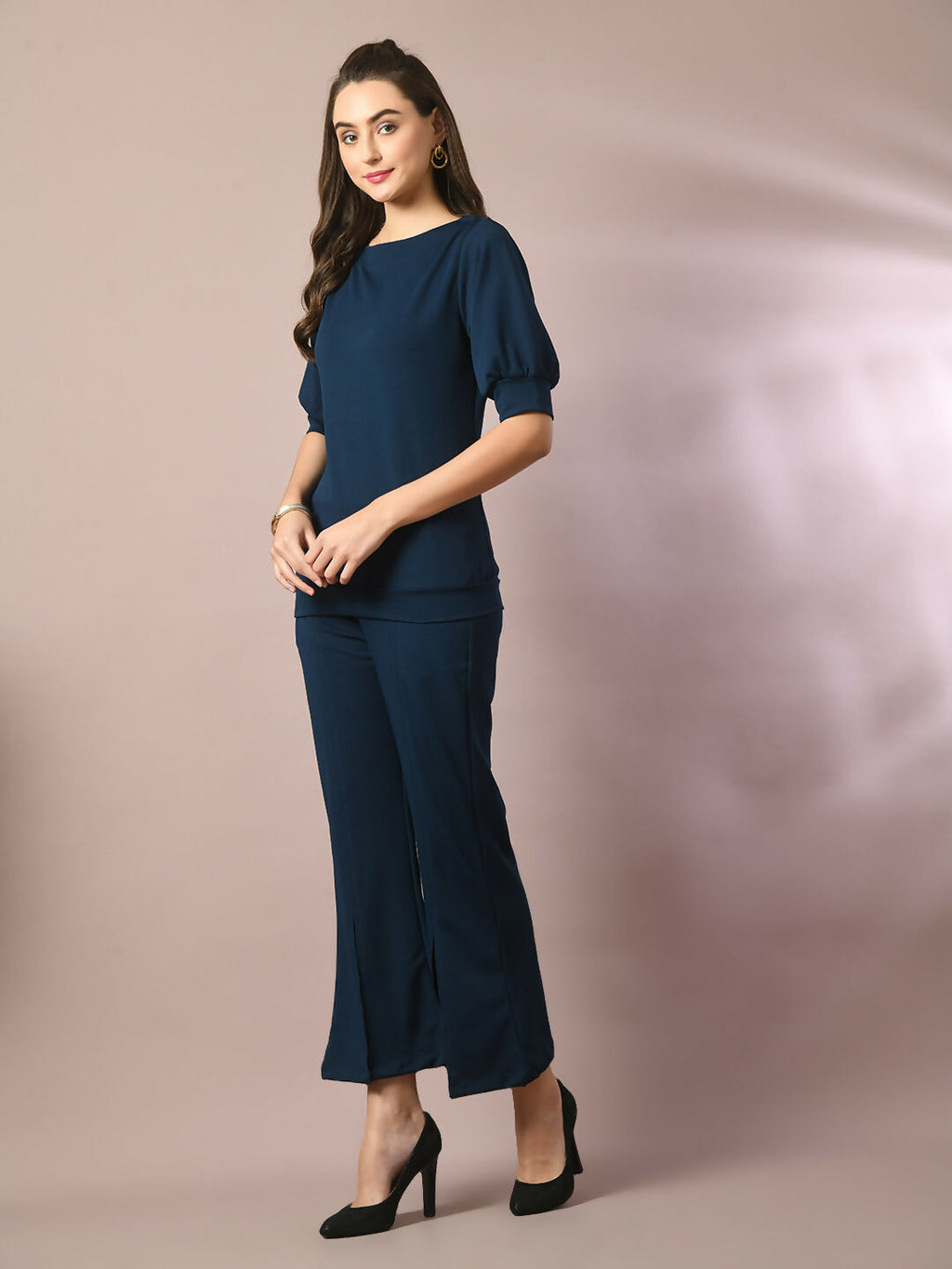 Myshka Women's Blue Solid Party Parallel Trousers | Grocsy
