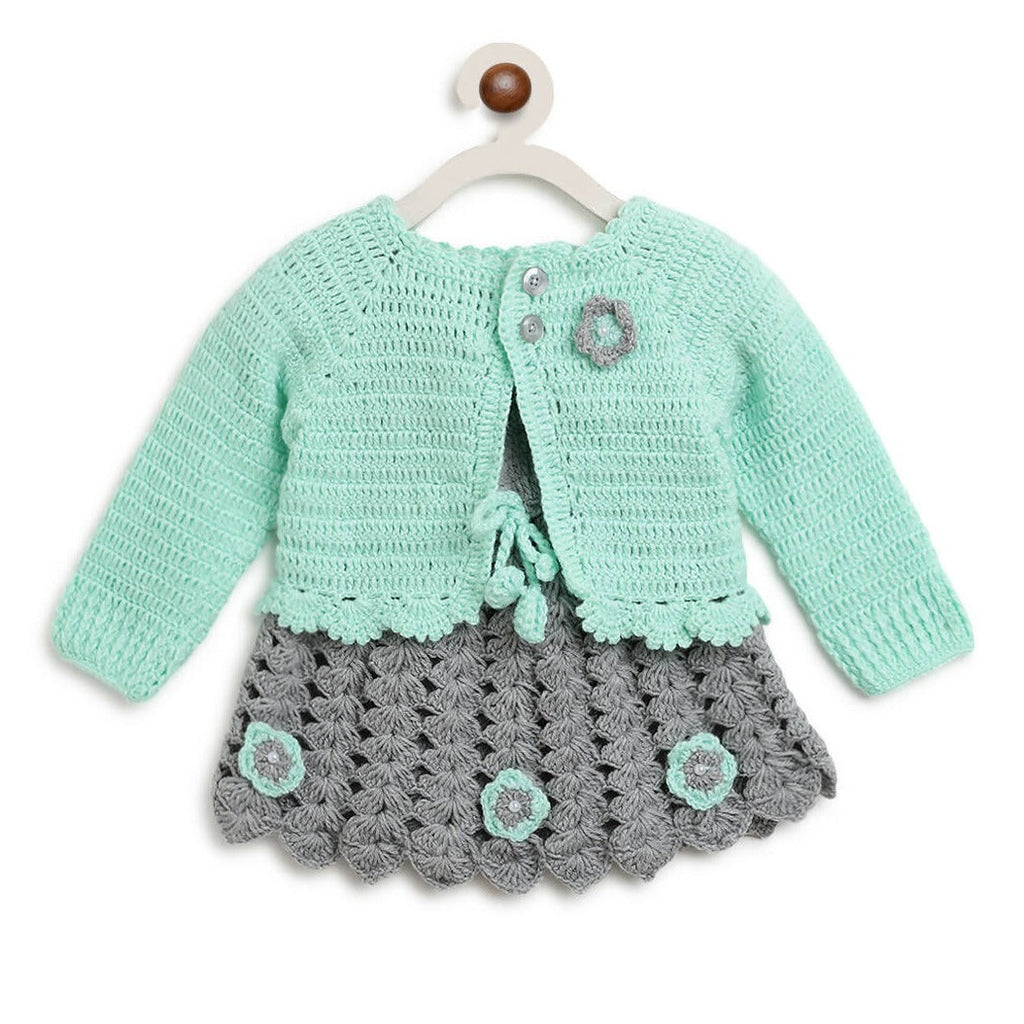 ChutPut Hand knitted Crochet Maharani Wool Dress For Baby Girls - Green | Grocsy