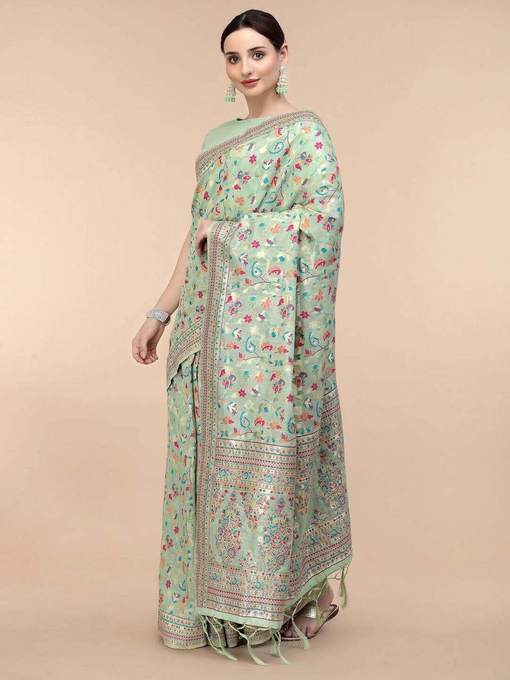 Sea Green Silk Blend Woven Design Saree With Unstitched Blouse Piece - Aloki | Grocsy