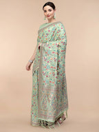 Sea Green Silk Blend Woven Design Saree With Unstitched Blouse Piece - Aloki | Grocsy