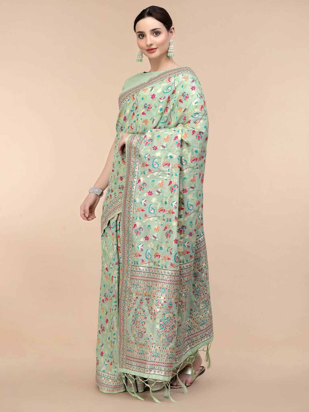 Sea Green Silk Blend Woven Design Saree With Unstitched Blouse Piece - Aloki | Grocsy