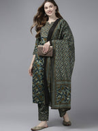 Yufta Women Olive Green Floral Yoke Design Pure Cotton Kurta with Palazzo and Dupatta | Grocsy
