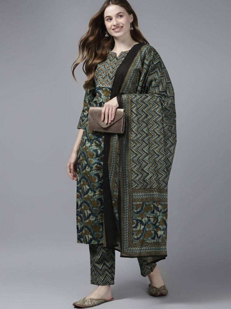 Yufta Women Olive Green Floral Yoke Design Pure Cotton Kurta with Palazzo and Dupatta | Grocsy
