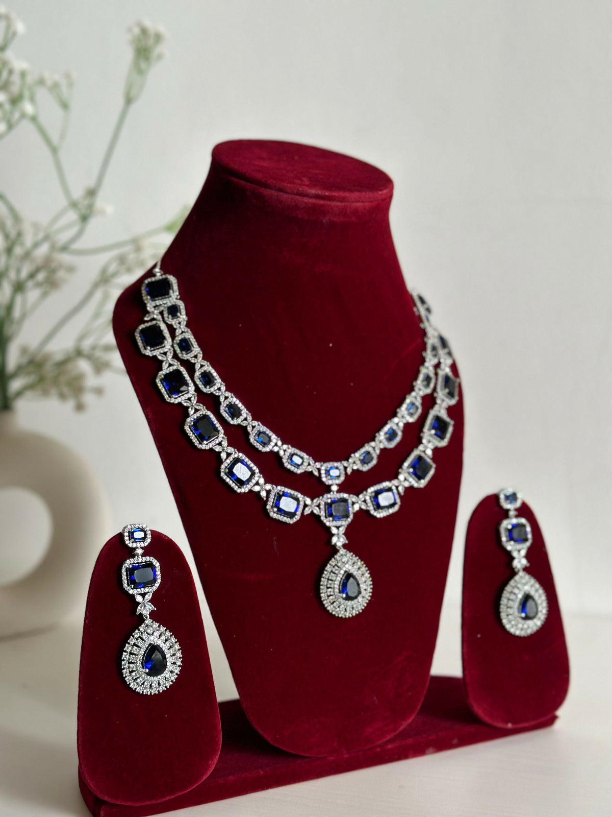 Royal Blue American Diamond Two Layer Elegent Necklace Set With Earrings By House of Ree - Swadesiicart