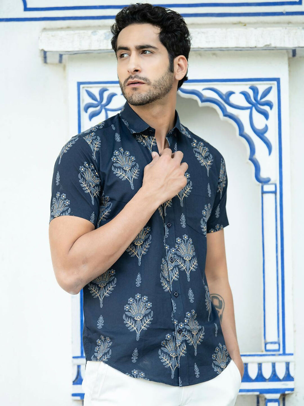 Miravan Men's Pure Cotton Blue Floral Printed Half Sleeve Slim Fit Shirt | Grocsy