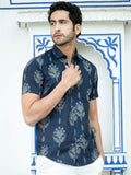 Miravan Men's Pure Cotton Blue Floral Printed Half Sleeve Slim Fit Shirt | Grocsy