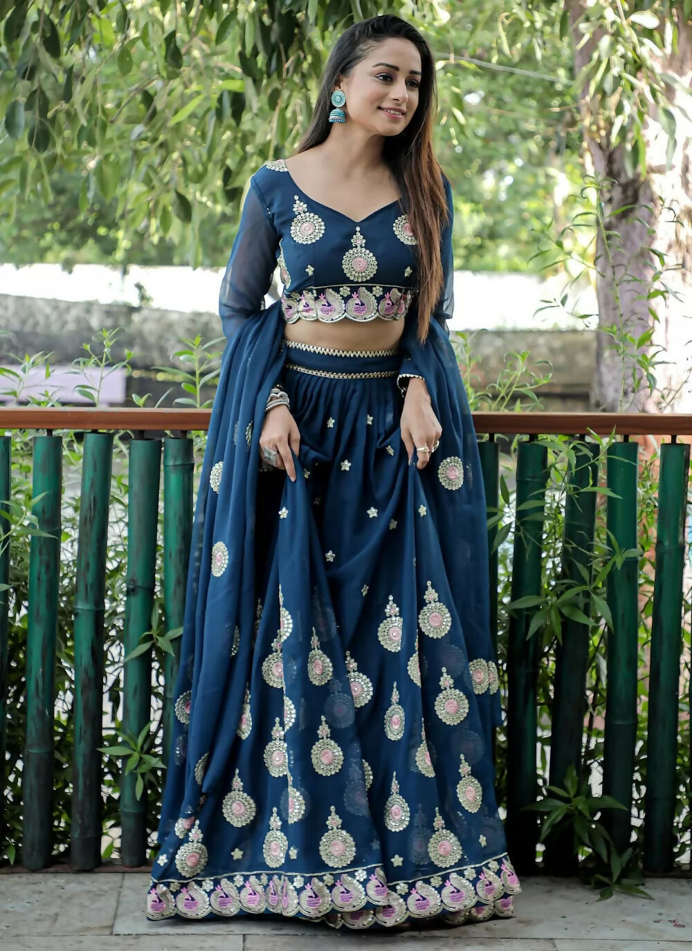 Jyoti Fashion Blue Sequence with Thread Zari Embroidery Georgette Lehenga Choli with Dupatta | Grocsy