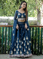Jyoti Fashion Blue Sequence with Thread Zari Embroidery Georgette Lehenga Choli with Dupatta | Grocsy