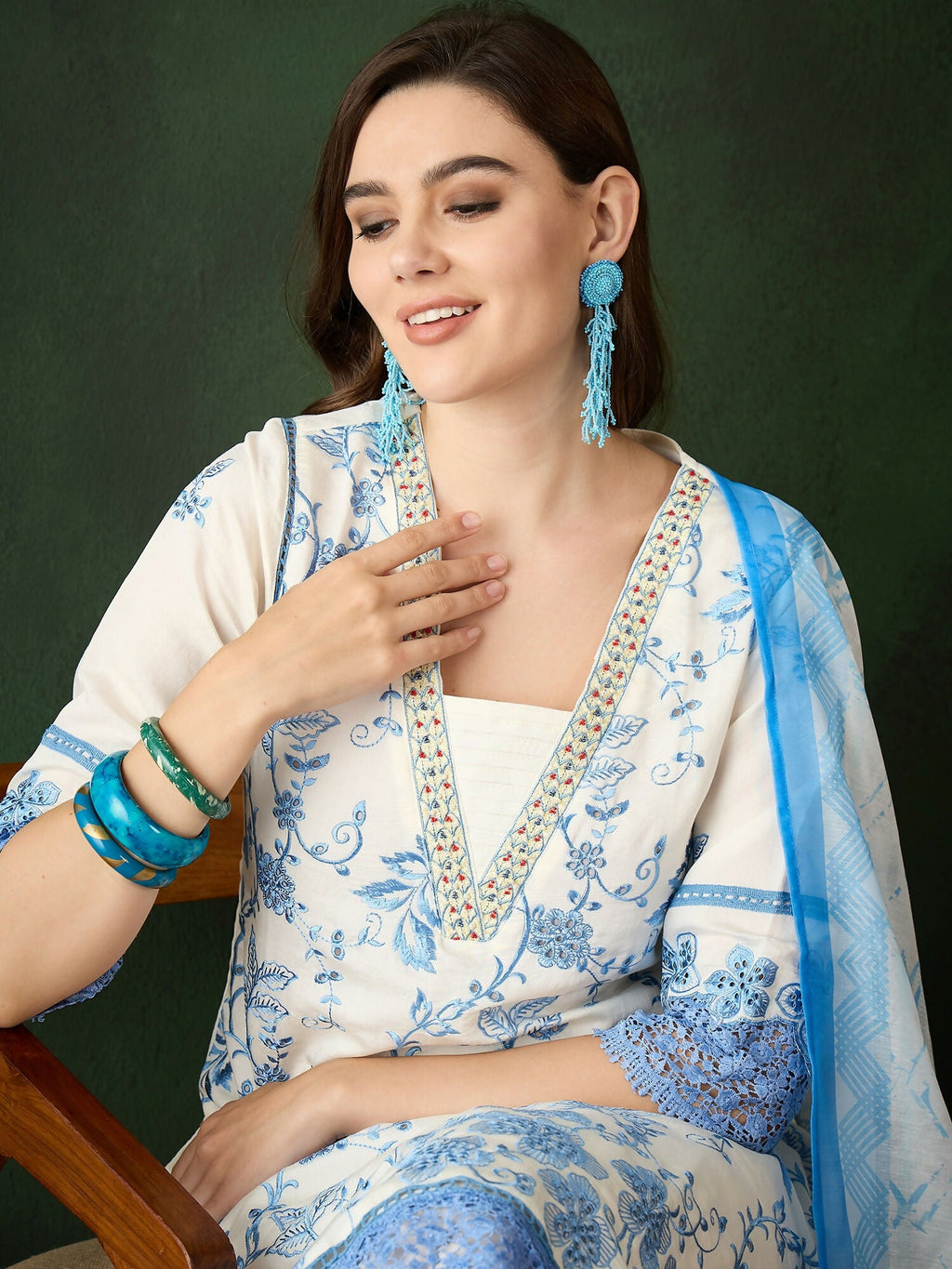 Blue & White Roman Silk Embroidered Kurta With Trouser & Dupatta - Bhumi | Grocsy