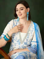 Blue & White Roman Silk Embroidered Kurta With Trouser & Dupatta - Bhumi | Grocsy