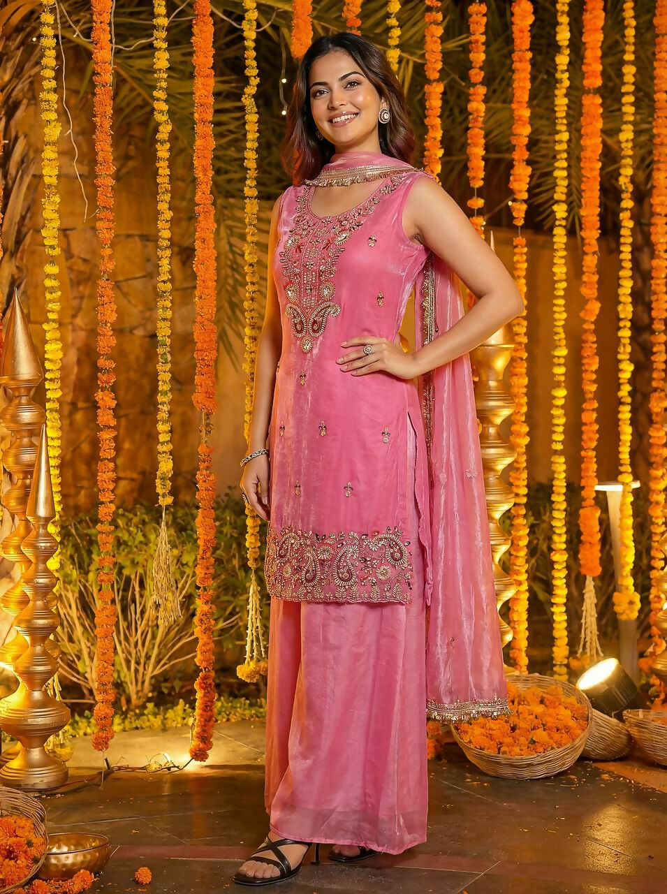 Teeya Creation Pink Fendy Silk Beads Work Designer Wedding Wear Salwar Suit | Grocsy