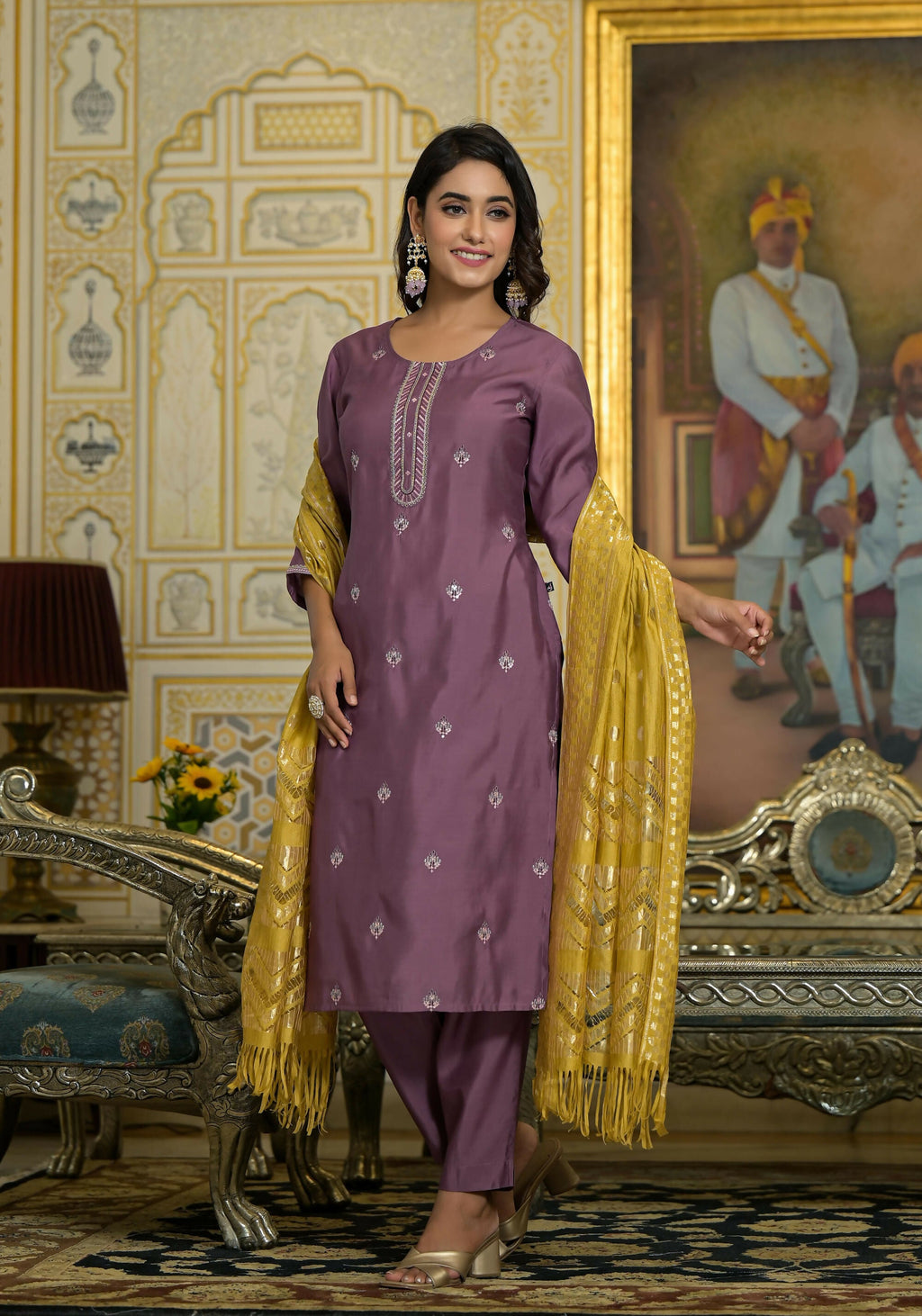 Juniper Women's Onion Pink Zari Embroidered Viscose Kurta Pant And Dupatta Set With Sequins Work | Grocsy