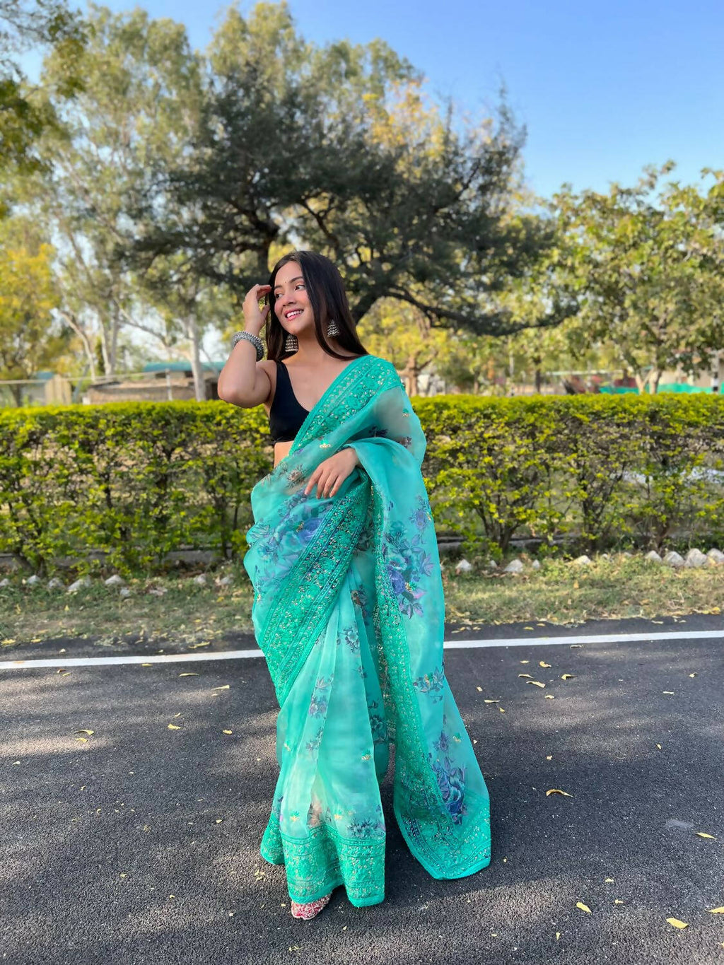Vamsee Sea Green Organza Saree | Grocsy