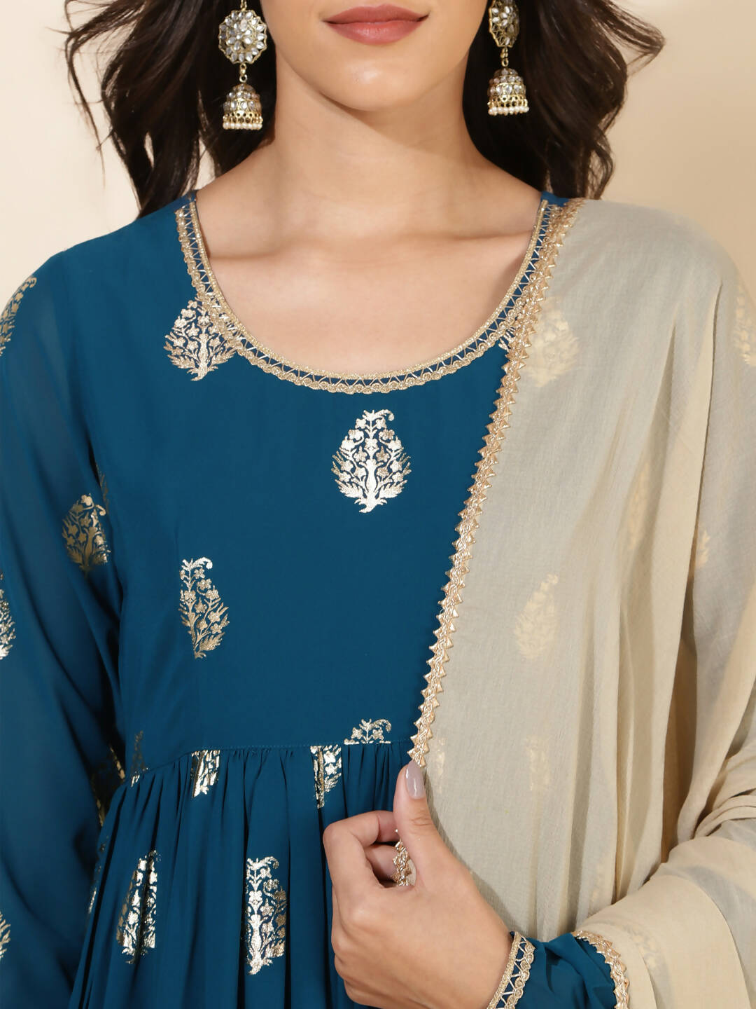 Janasya Women's Teal Blue Georgette Foil Printed Festive Flared Kurta Set | Grocsy