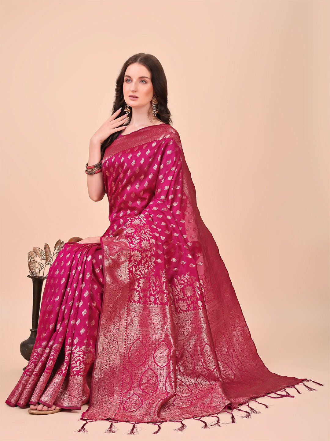 Shree Shyam Fashion Lichi Silk Magenta Saree | Grocsy