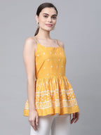 Ahalyaa Women Mustard Pure Cotton Porcian Print Shoulder Straps Tunic | Grocsy