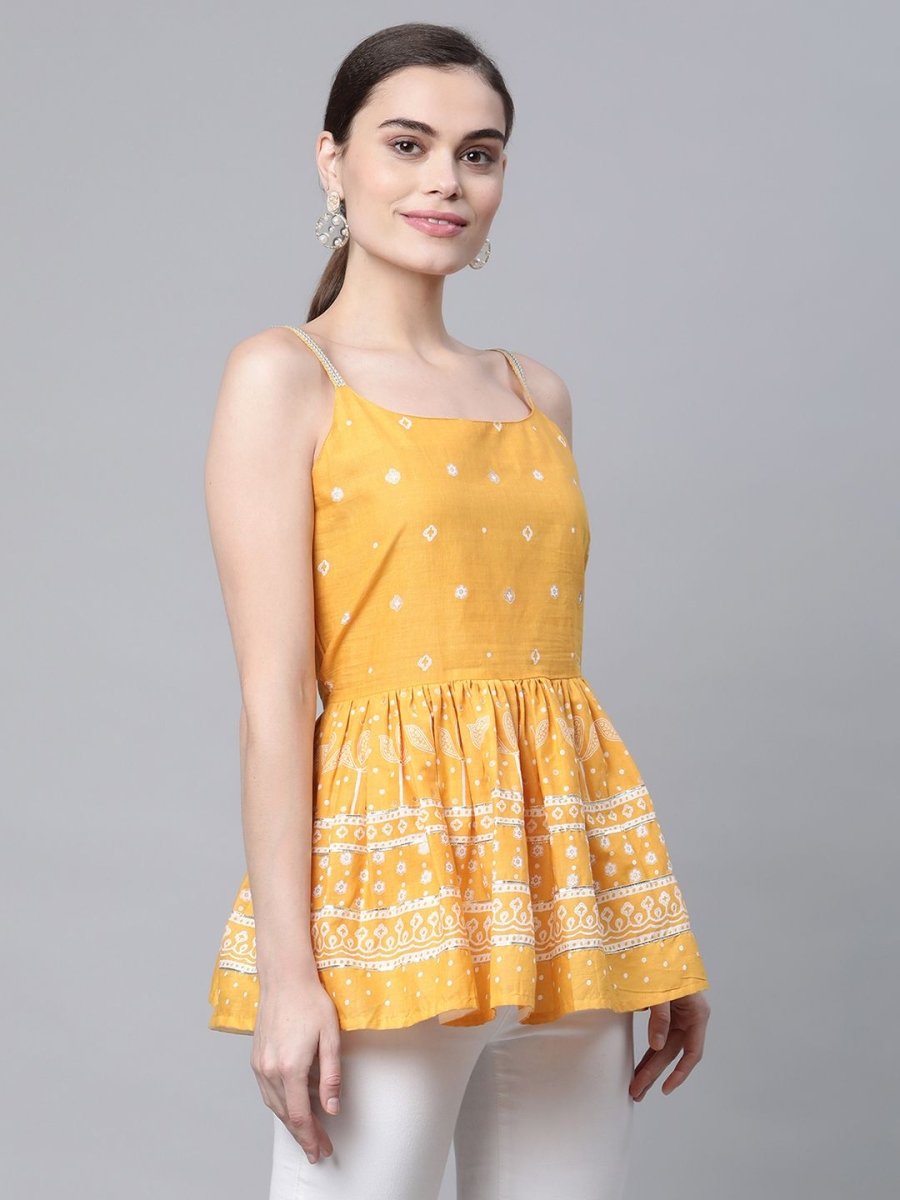Ahalyaa Women Mustard Pure Cotton Porcian Print Shoulder Straps Tunic | Grocsy