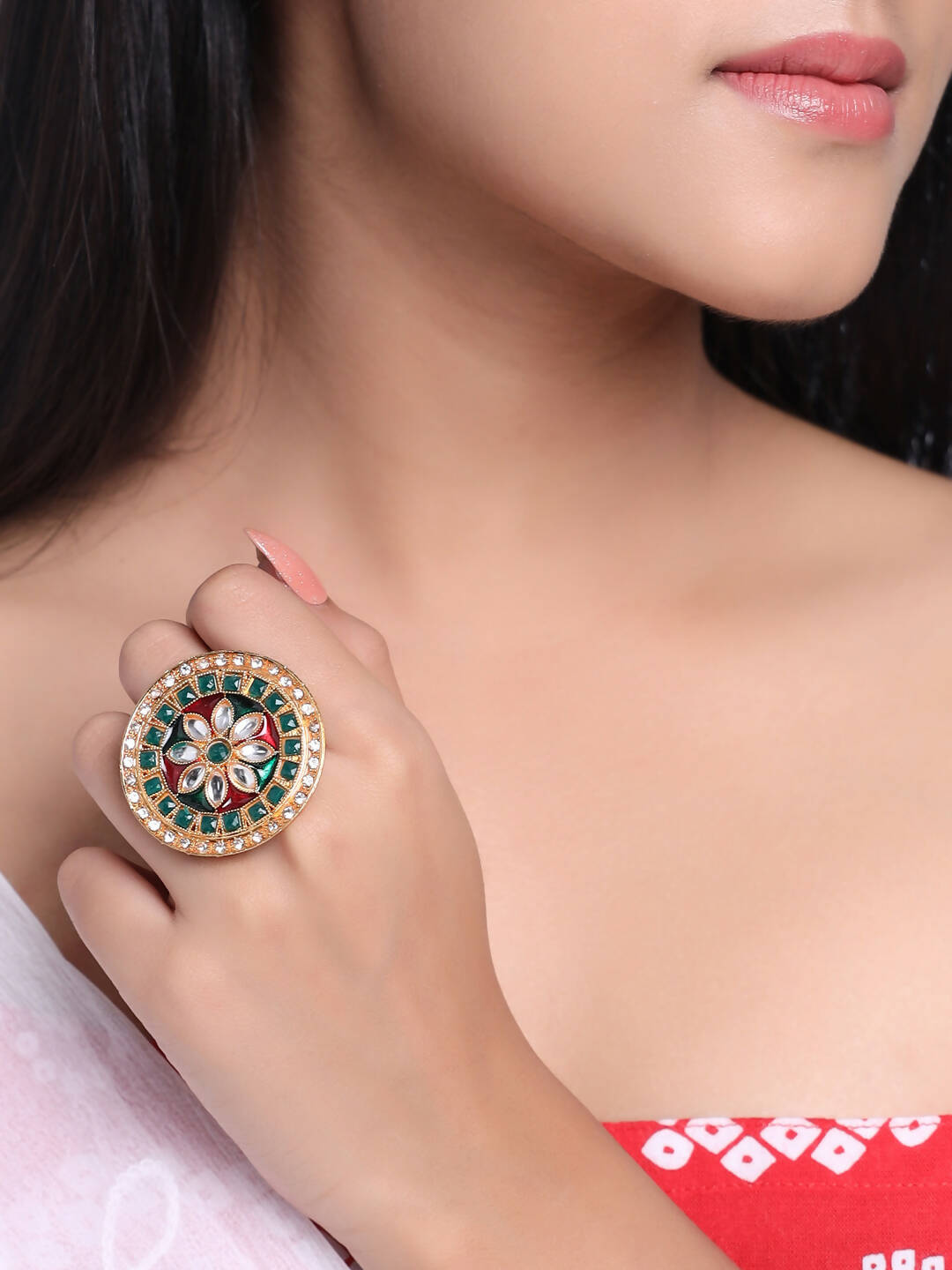 NVR Women's Traditional Kundan Meenakari Gold-Polished Ajustable Finger Ring | Grocsy