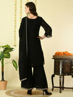Myshka Women's Black Georgette Kurta & Palazzos With Dupatta Party Sets | Grocsy