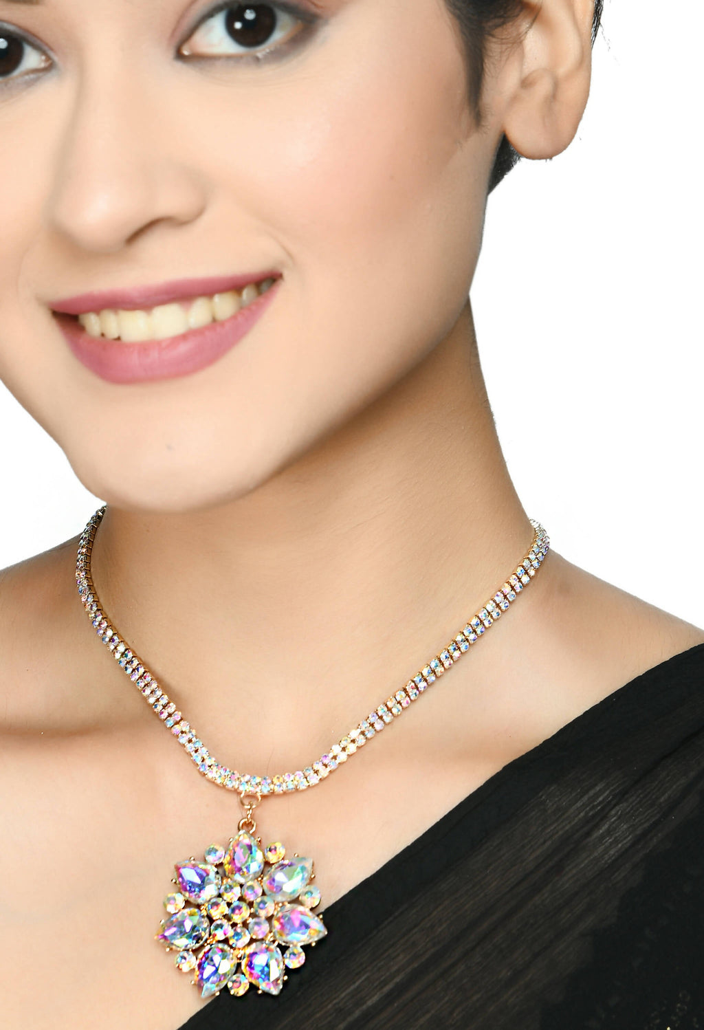 Mominos Fashion Johar Kamal Statement Gold-Polished Finish AD Stone Long Necklace For Women (White) | Grocsy