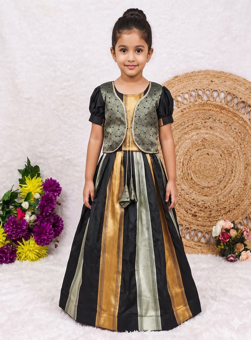 Teeya Creation New Kids Trendy Jet Black Traditional Langa Voni Lehenga Set With Zari Koti Jacket-Black | Grocsy