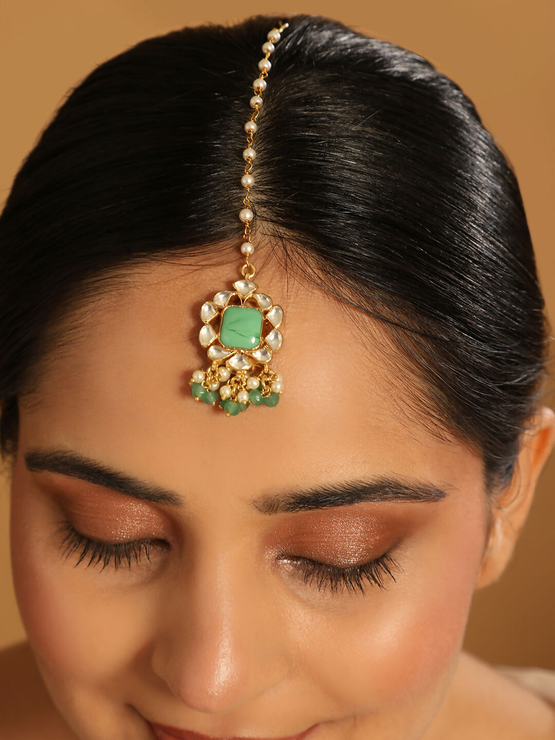 Nuyug 22K Gold-Plated Kundan & Green Stone Embellished Maang Tikka Head Jewellery | Grocsy