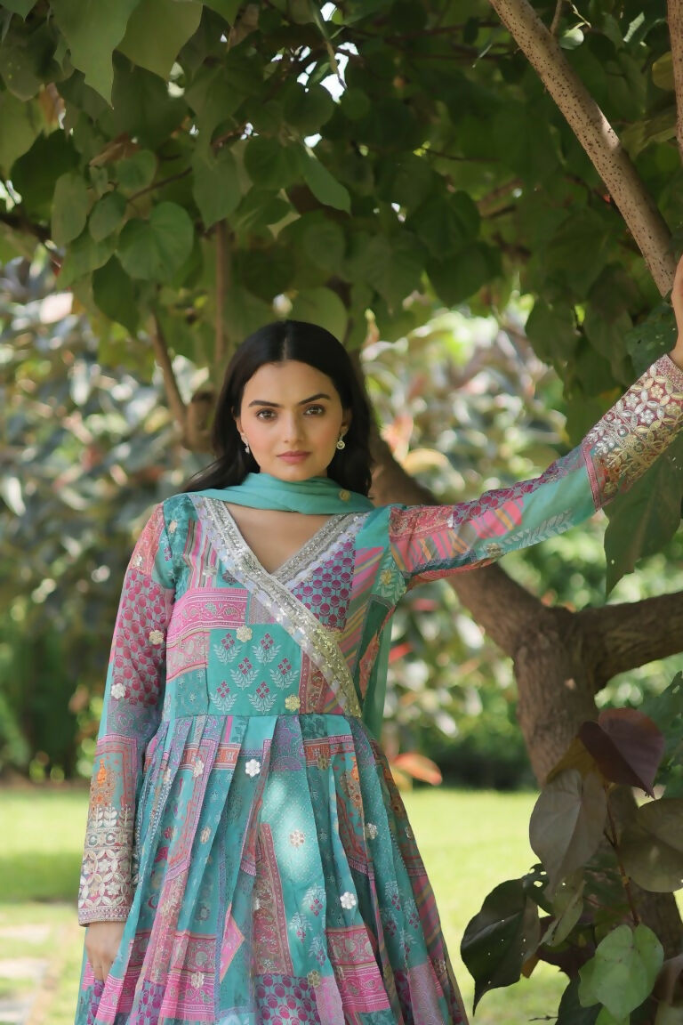 Jyoti Fashion Women's Sky Blue Russian Silk Digital Print with Embroidered Anarkali Dress with Dupatta | Grocsy