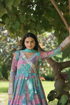 Jyoti Fashion Women's Sky Blue Russian Silk Digital Print with Embroidered Anarkali Dress with Dupatta | Grocsy