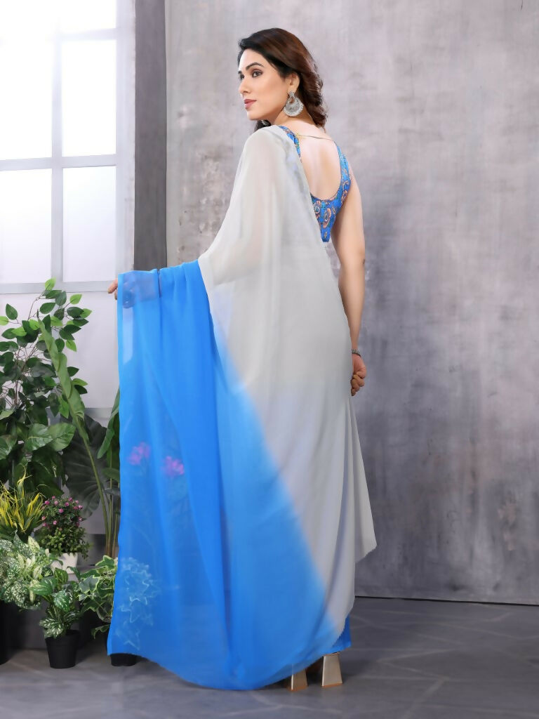 Partywear Designer White & Sky blue Georgette Fancy Saree - Satrangi | Grocsy