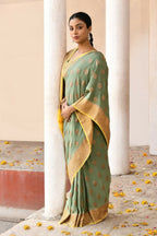 Joban Fashion Grass Green Crepe Chiffon Pure Handloom Banarasi Silk Saree | Grocsy