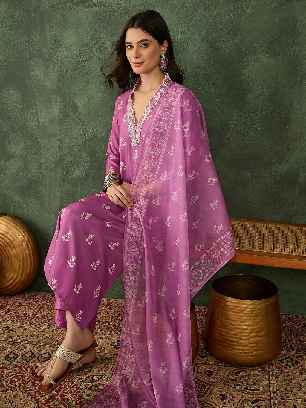 The52 Women's Gorgeous Rayon Fabric Printed Work Straight Kurta Pant and Dupatta Set-Onion | Grocsy