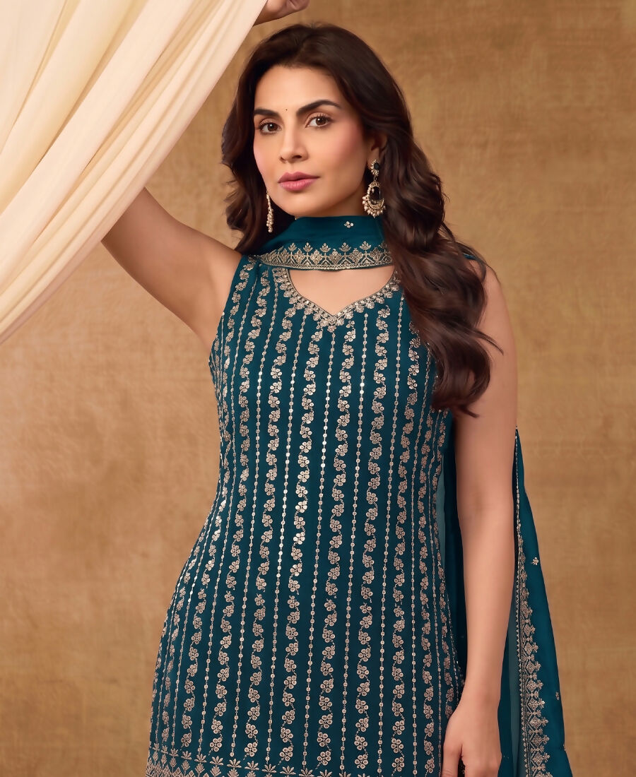 KC Latest Cocktail Wear Aqua Blue Chinon Sharara Suit For Women | Grocsy