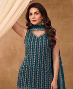 KC Latest Cocktail Wear Aqua Blue Chinon Sharara Suit For Women | Grocsy