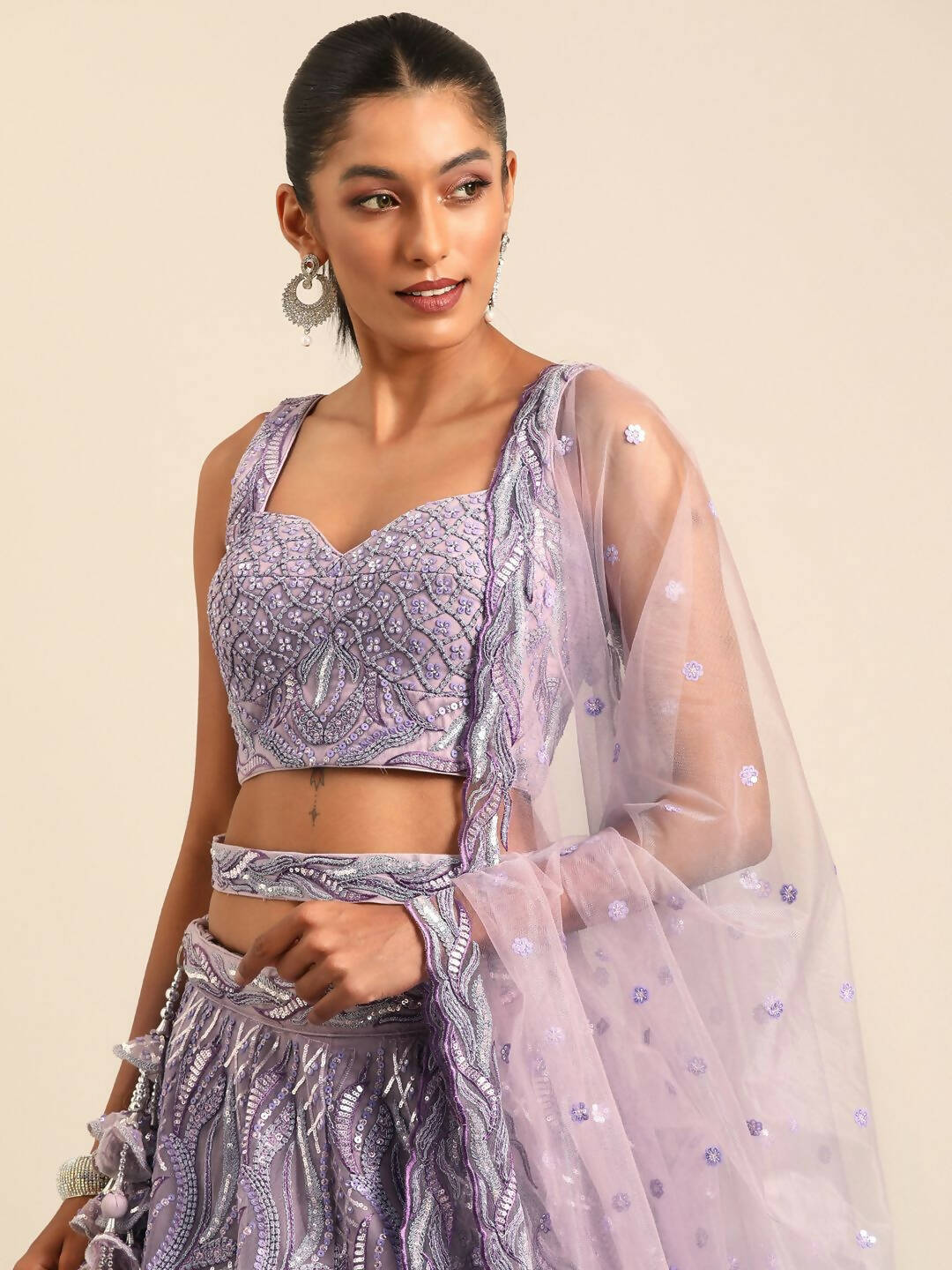 House of Panchhi Lavender Net Sequins and Zarkan embroidery Lehenga choli & Dupatta | Grocsy