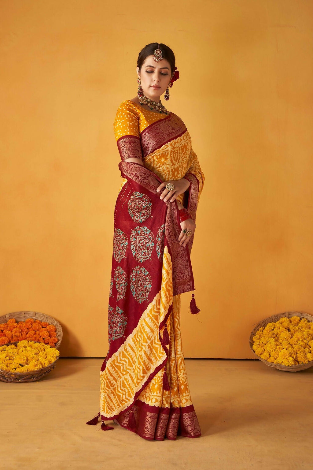 Joban Fashion Kashmiri Silk Zari Border Yellow Work Saree | Grocsy