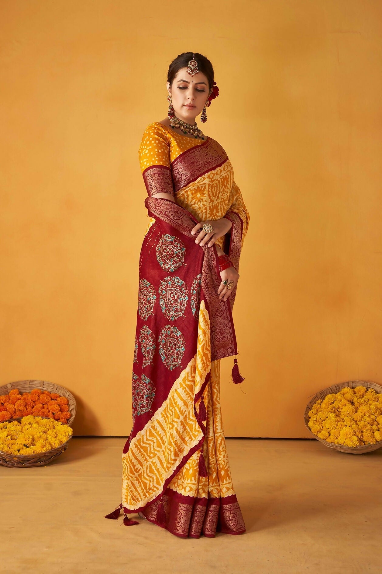 Joban Fashion Kashmiri Silk Zari Border Yellow Work Saree | Grocsy