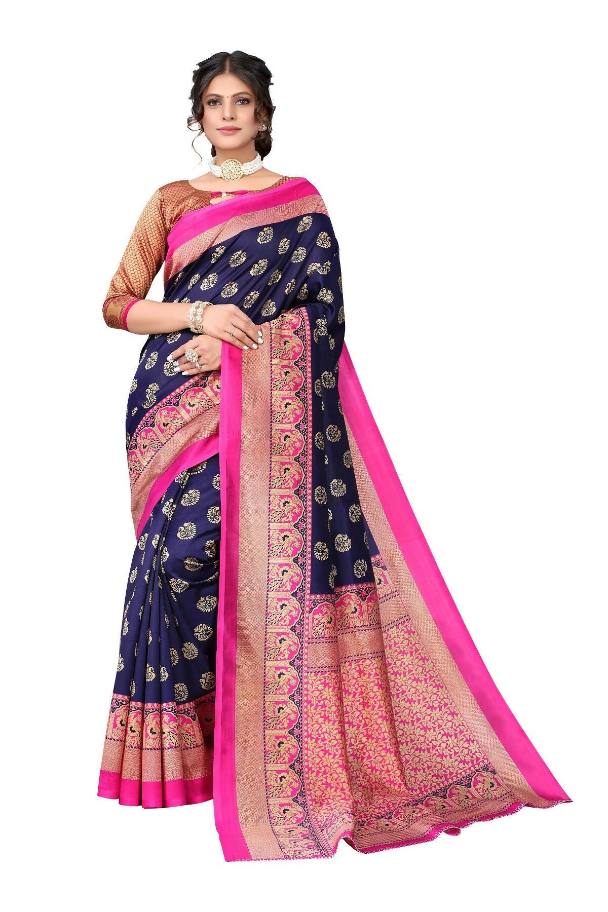 Vamika Navy Blue Printed Art Silk Saree | Grocsy