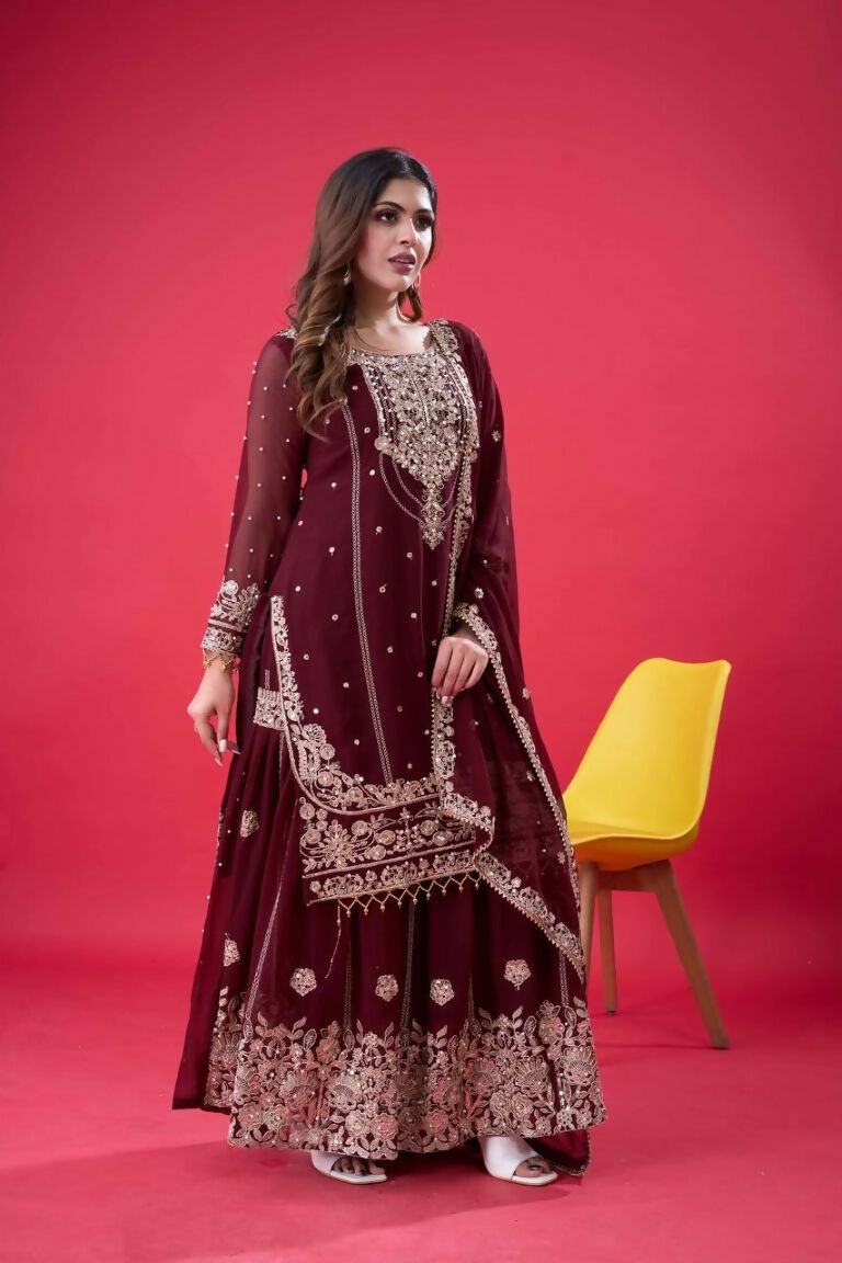 Teeya Creation Maroon Color Faux georgette Embroidery Work Sharara Set | Grocsy