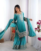 The52 Women's Beautiful Chinon silk Fabric Embroidery Work Straight Kurta Palazzo and Dupatta Set | Grocsy