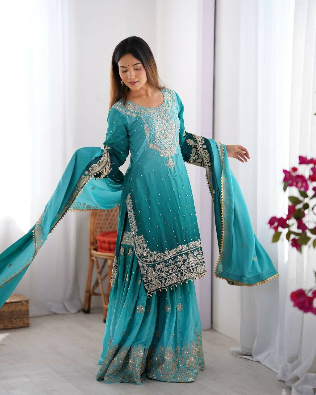 The52 Women's Beautiful Chinon silk Fabric Embroidery Work Straight Kurta Palazzo and Dupatta Set | Grocsy