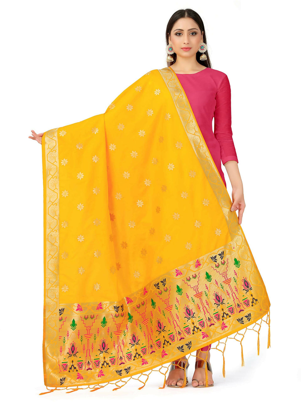 Mimosa Women's Floral Art Silk Gold Dupatta | Grocsy