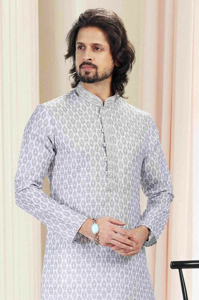 Raivat Ethnic Cotton Thread Work Kurta Pajama In Grey Colour | Grocsy