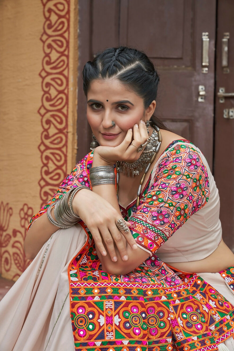 AI Fashion Beige Viscose Rayon Designer Navratri Lehenga Choli Collection | Grocsy