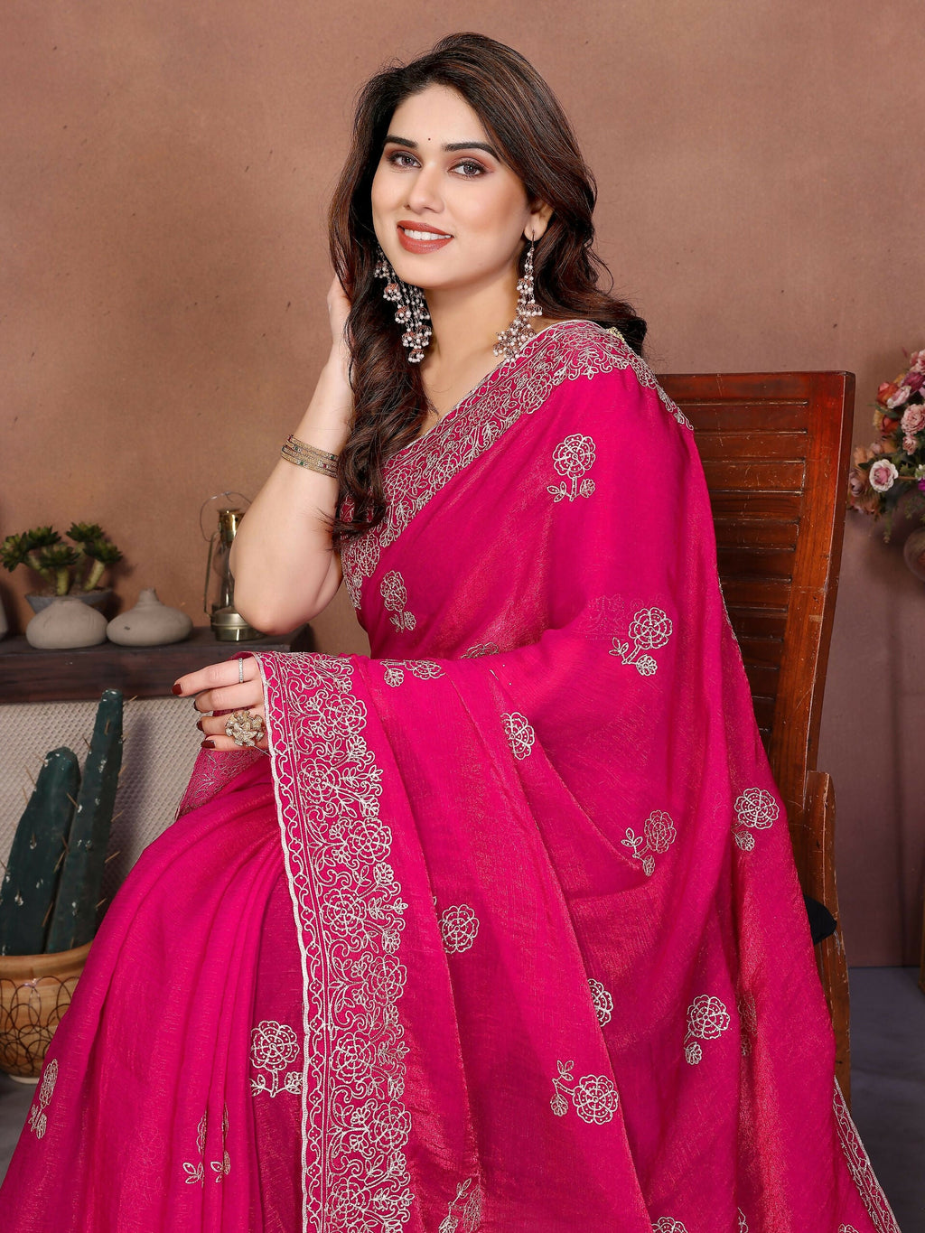 Teeya Creation New Trendy Party Wear Soft Satin Chiffon Saree-Pink | Grocsy