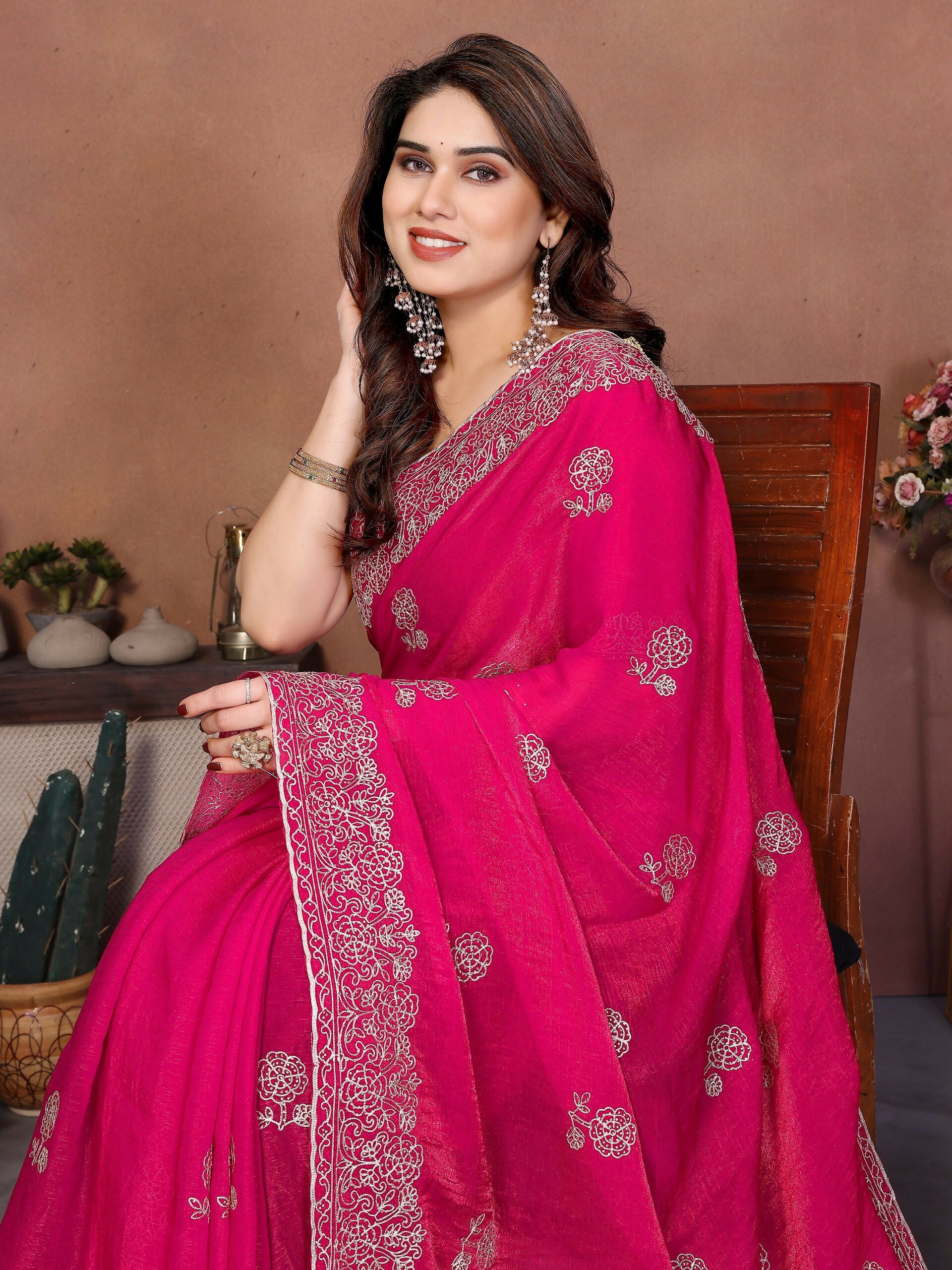 Teeya Creation New Trendy Party Wear Soft Satin Chiffon Saree-Pink | Grocsy