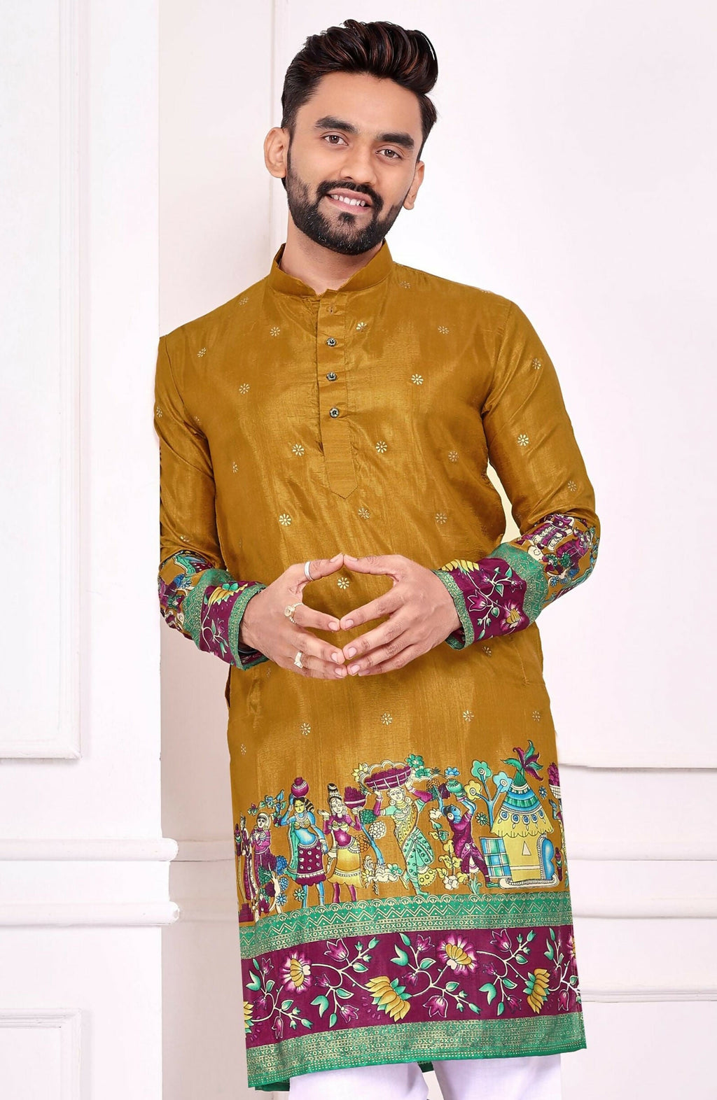 Anaita Mustard Dola Silk Straight Kurta With Foil Work | Grocsy