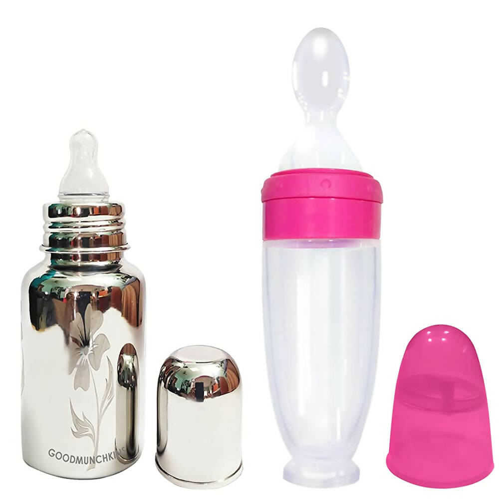 Goodmunchkins Stainless Steel Feeding Bottle With Spoon Food Feeder for Baby Anti Colic Silicon Nipple Feeder 220 ml Combo Pack-Pink | Grocsy