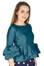 Aastha Fashion Women's Teal Art Silk Bell Sleeves attire with Poly Cotton Lining Blouse | Grocsy